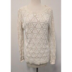 Tommy Hilfiger Ivory Diamond Open Knit Sweater sz M Pom Pom Preppy Classic